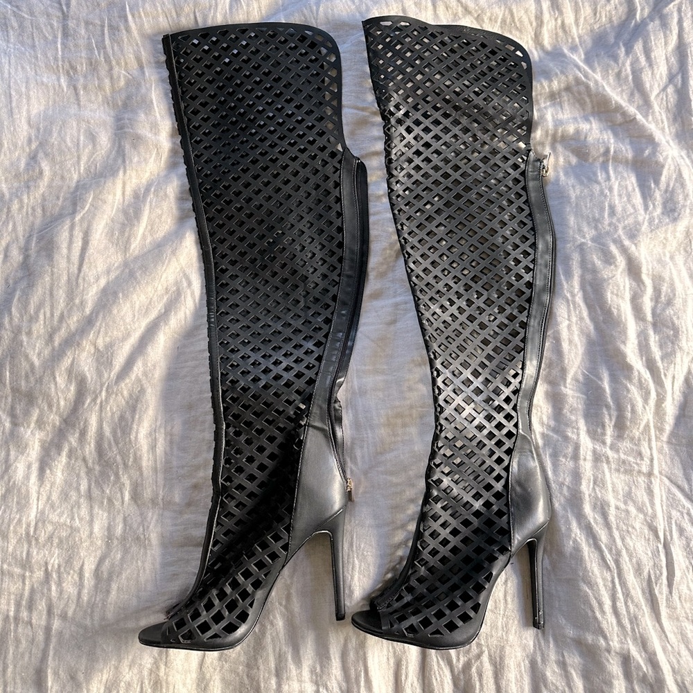 Liliana black peep toe laser cut thigh high boot or knee high with cuff